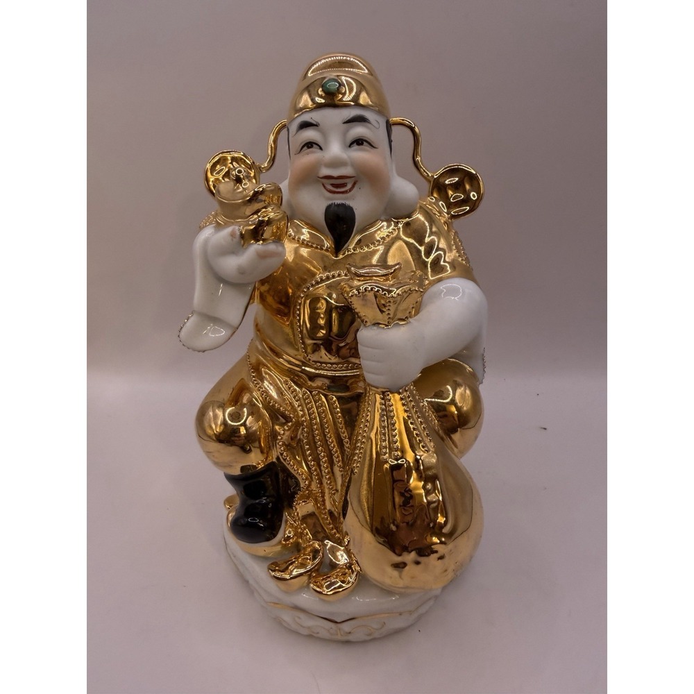 Porcelain Chinese God of Wealth Statue – Gold Accents in Silk Gift Box 7.5"